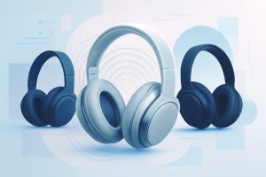 Sleek modern headphones resting on a wooden table, ambient light