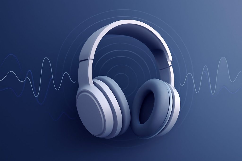 Sleek modern headphones on a wooden table with a soft background blur