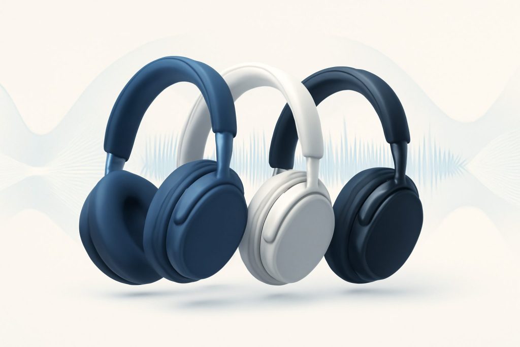 Modern headphones with sleek black design resting on a wooden table