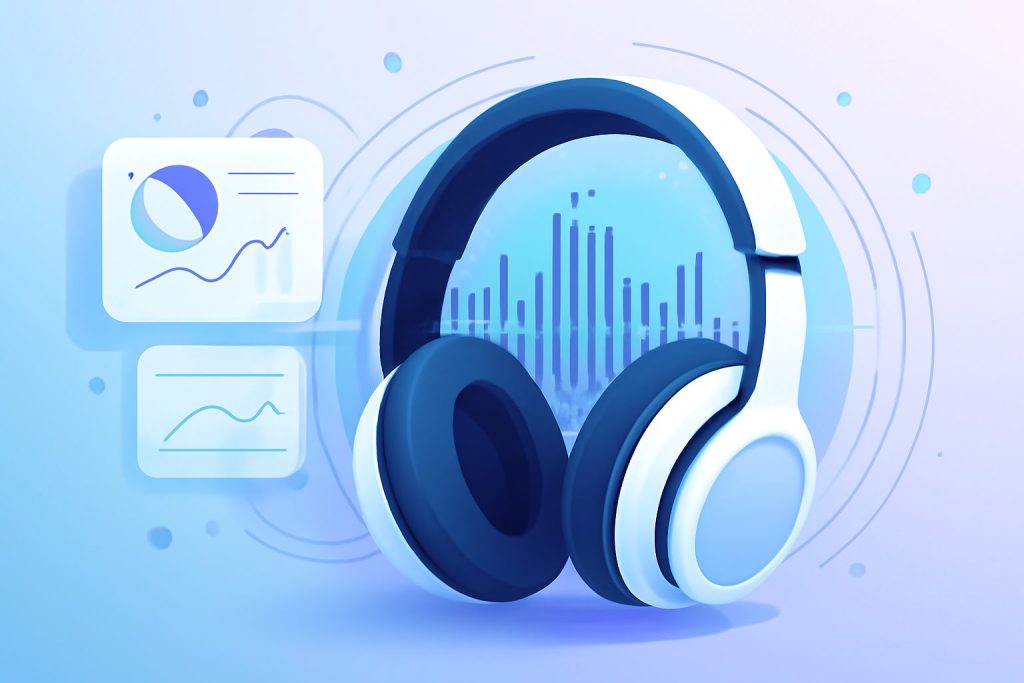 Cutting-edge headphones on a sleek surface with ambient lighting around