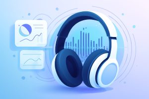 Cutting-edge headphones on a sleek surface with ambient lighting around