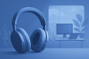 Stylish wireless headphones on a modern office desk next to a laptop