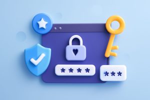 A laptop displaying various password manager applications with security icons