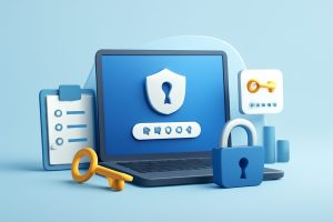 A person using a laptop displaying a variety of password manager icons