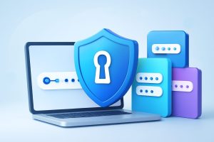 A digital lock with a futuristic blue interface on a computer screen