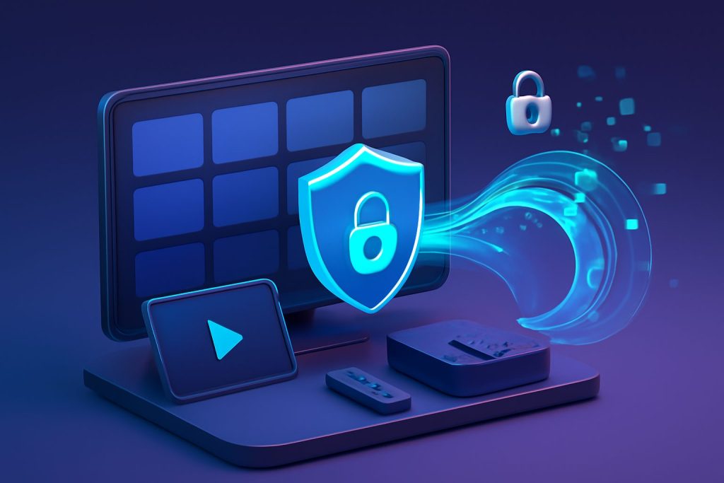 Laptop displaying a streaming platform beside a virtual shield icon