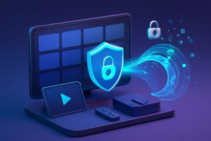 Laptop displaying a streaming platform beside a virtual shield icon