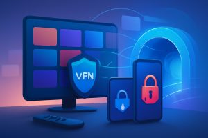 VPN logos with a streaming device showing a world map on the screen