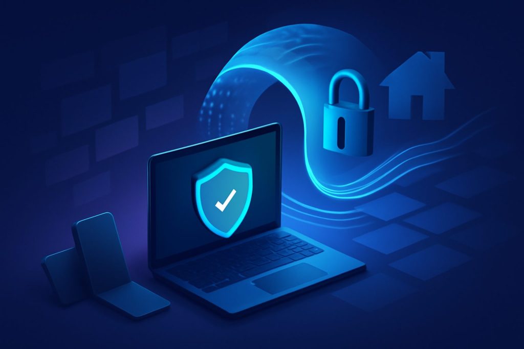 A person working on a laptop in a home office, looking at a secure VPN connection graph