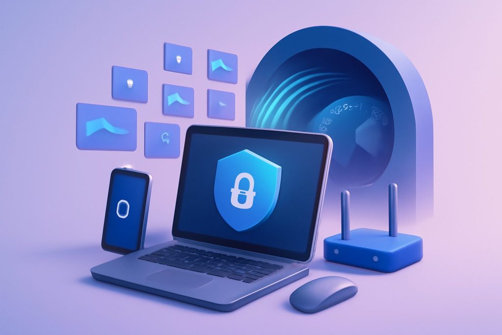 Laptop on a desk displaying a VPN interface with secure icons