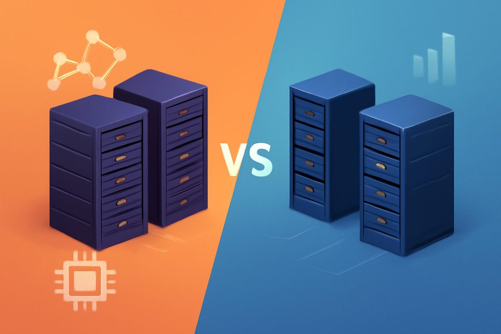 A modern laptop displaying server metrics side by side, symbolizing shared and VPS hosting in a tech office setting