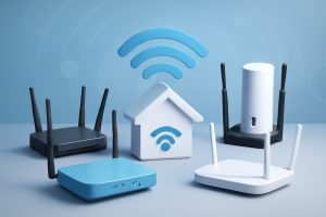 Sleek modern wireless routers displayed on a wooden table