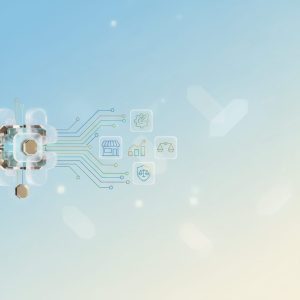 A diverse group of small business owners collaboratively working around a glowing, abstract AI interface, with green leaves subtly integrated into the tech design, symbolizing ethics and sustainability.