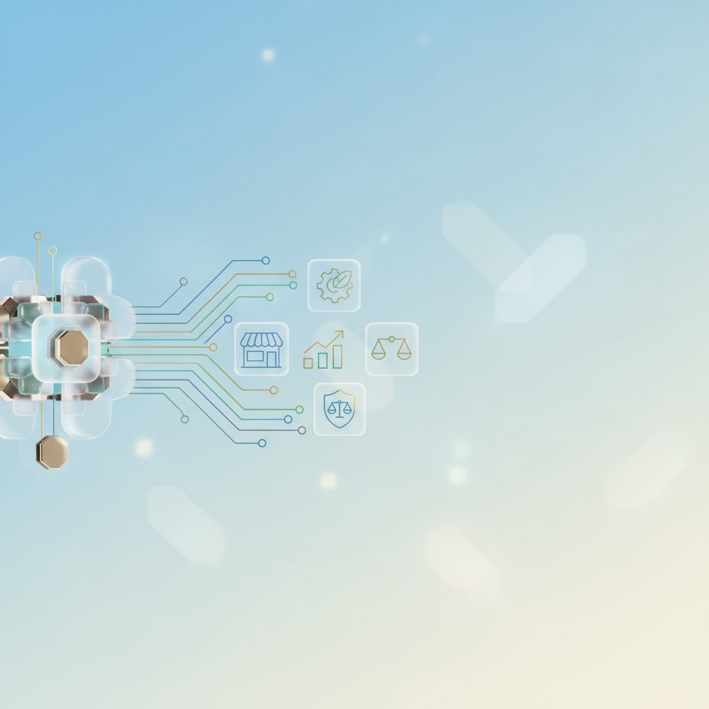 A diverse group of small business owners collaboratively working around a glowing, abstract AI interface, with green leaves subtly integrated into the tech design, symbolizing ethics and sustainability.