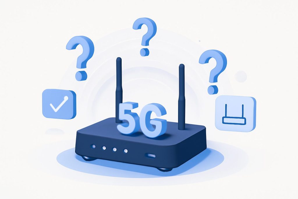 A sleek 5G router with glowing LED indicators on a modern desk