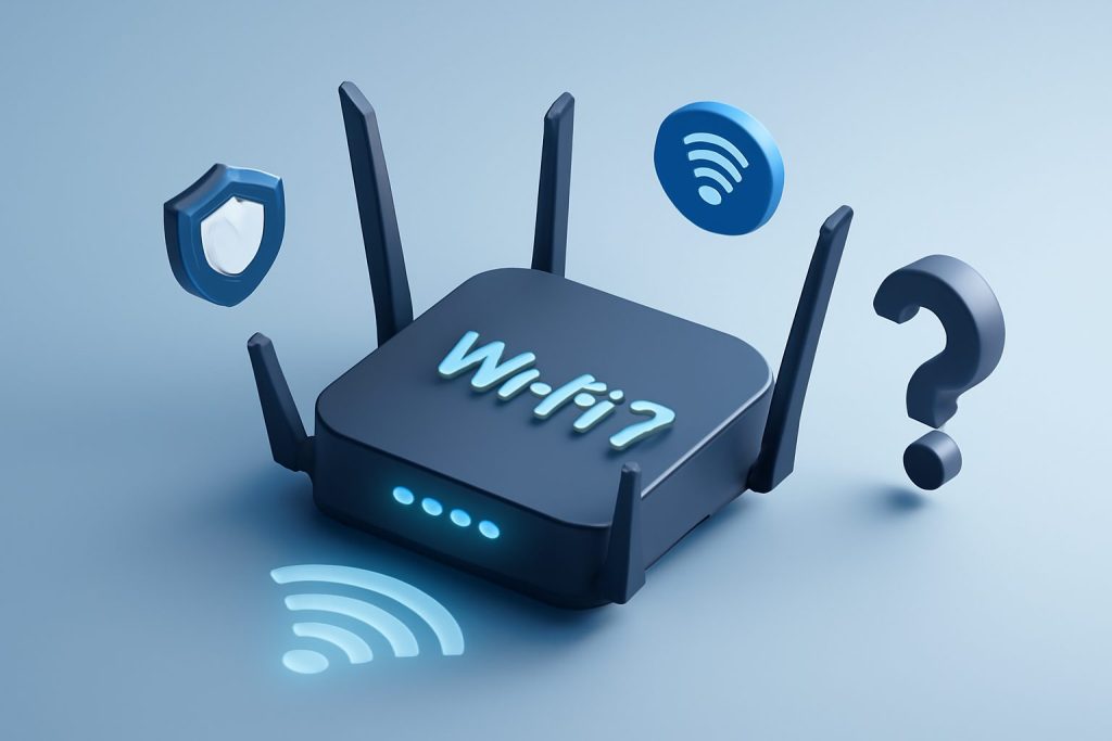 Modern wireless router on a table with glowing LED lights, conveying advanced technology