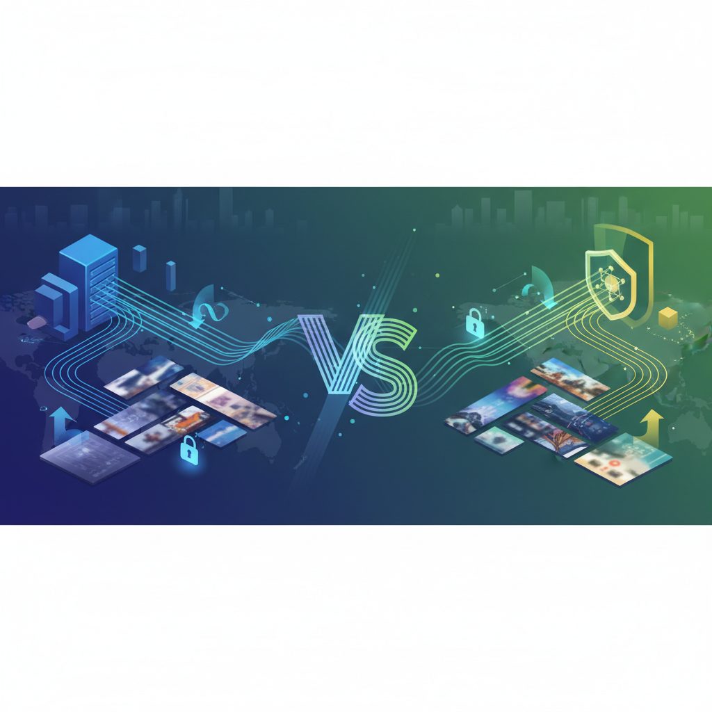 A green shield and a blue shield stand side-by-side on a dark background with glowing digital patterns, representing a VPN privacy comparison.