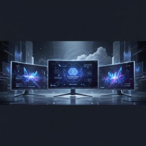 Sleek, futuristic gaming monitor displaying vibrant, hyper-realistic graphics of a sci-fi world, set on a modern desk with ambient lighting.