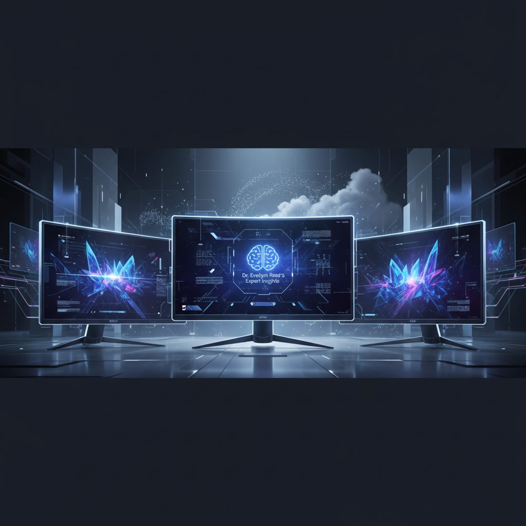 Sleek, futuristic gaming monitor displaying vibrant, hyper-realistic graphics of a sci-fi world, set on a modern desk with ambient lighting.