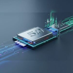 Sleek, futuristic solid-state drive (SSD) with integrated circuit lines glowing, symbolizing rapid data transfer and advanced PCIe 5/6 technology for next-gen performance.