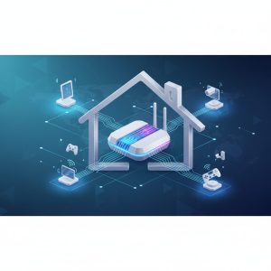 A sleek, futuristic Wi-Fi router with glowing connections in a modern smart home setting, symbolizing advanced networking and seamless connectivity.