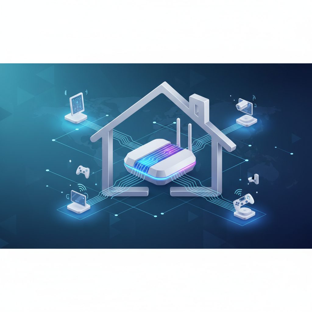 A sleek, futuristic Wi-Fi router with glowing connections in a modern smart home setting, symbolizing advanced networking and seamless connectivity.