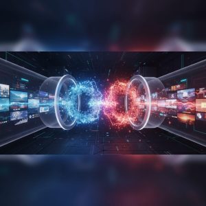 A conceptual illustration of two abstract, glowing shields, one blue and one red, clashing against a dark background of digital data streams.