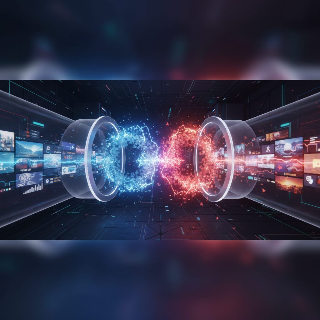 A conceptual illustration of two abstract, glowing shields, one blue and one red, clashing against a dark background of digital data streams.