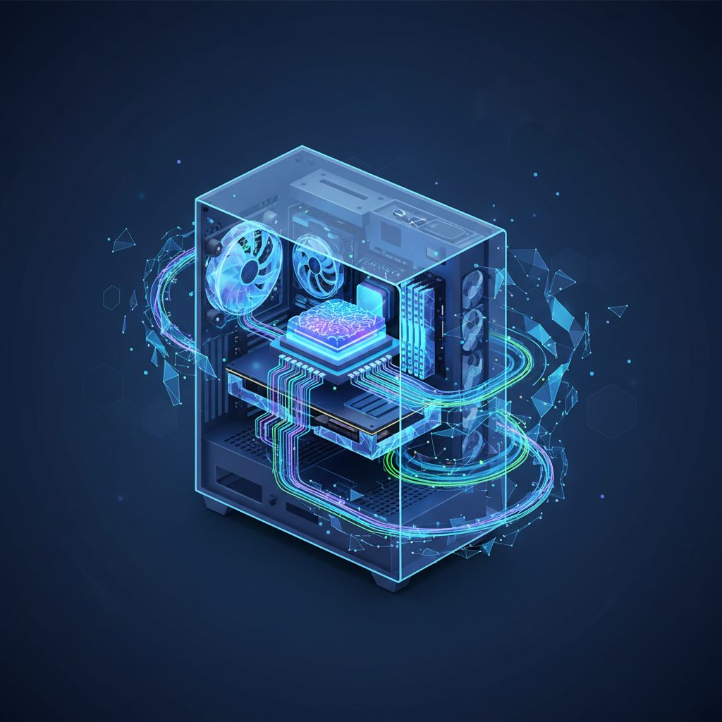 Close-up of a futuristic computer chip, glowing with intricate circuitry, surrounded by holographic data streams and advanced PC components in a sleek, dimly lit setting.