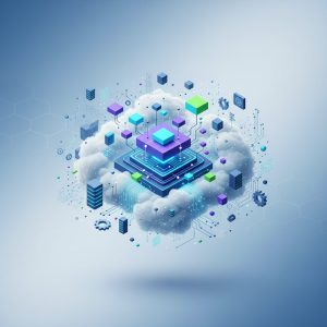 A stylized abstract representation of quantum computing interacting with cloud infrastructure, seen by a small business developer in a modern office setting.