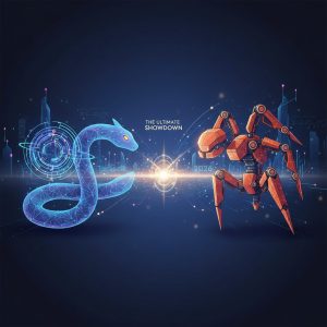 Two glowing, abstract network nodes, one blue and one orange, facing each other on a dark, futuristic grid, symbolizing a technological showdown.
