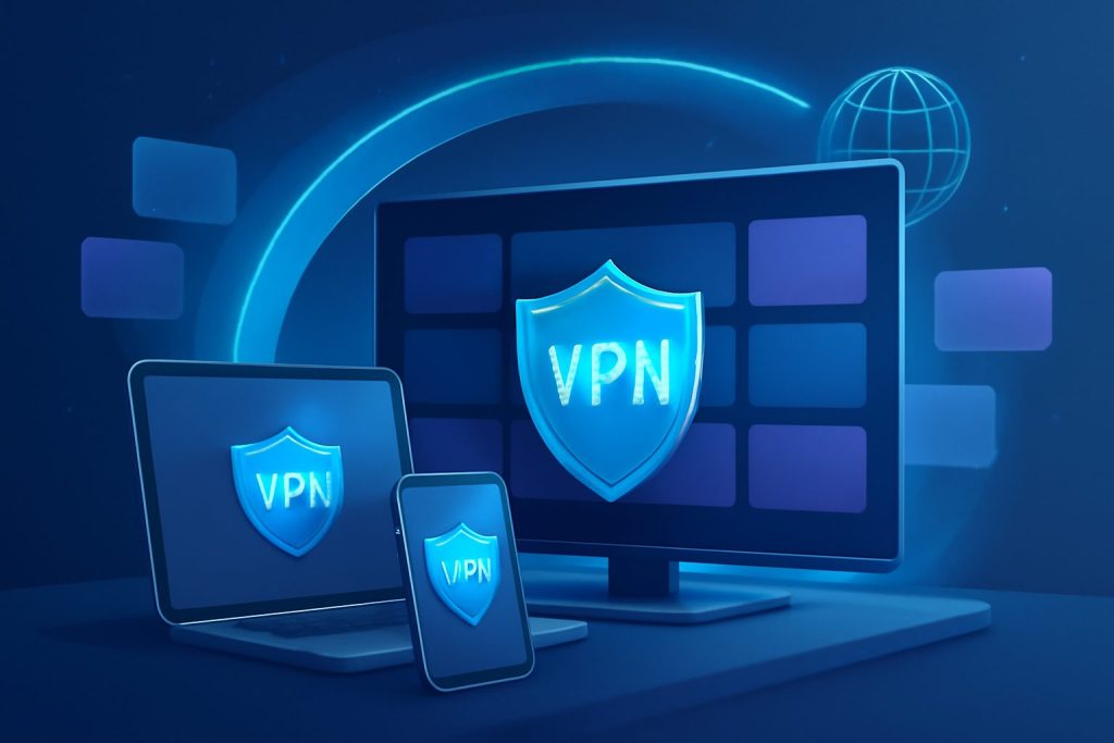 A variety of VPN logos against a digital grid background