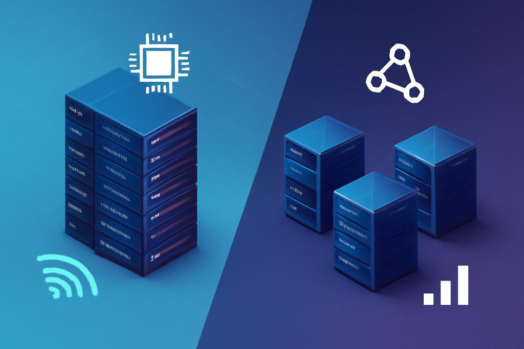 Two computer server racks side by side in a modern data center