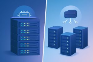 Modern IT office with servers and graphic of VPS and shared hosting