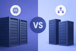 Two servers side by side, one labeled Shared and the other VPS, in a modern data center