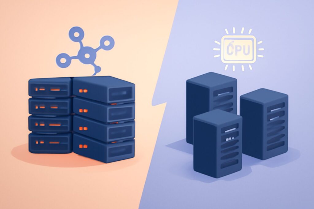 Two servers side by side, one labeled shared and the other labeled VPS, with indicators of performance and security features