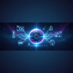 Sleek, futuristic smart home hub device central on a minimalist countertop, integrating seamlessly with various smart home icons like lighting, thermostat, and security on a holographic interface.