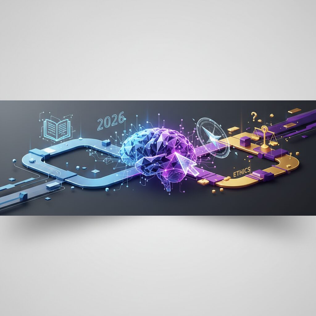 Abstract digital landscape with data streams converging around a central glowing brain-like node, representing ethical decision-making in AI content generation, surrounded by stylized human and machine interfaces.
