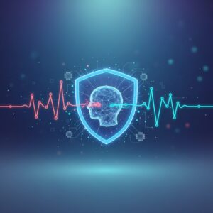 A futuristic digital sound wave pattern emanating from a sleek, minimalist headset, with abstract AI elements subtly integrated into a clean, professional workspace background.