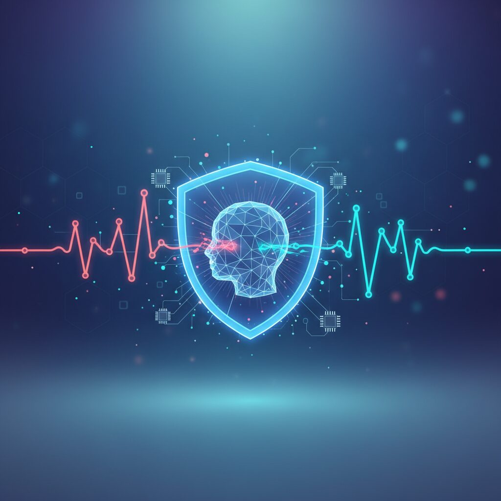 A futuristic digital sound wave pattern emanating from a sleek, minimalist headset, with abstract AI elements subtly integrated into a clean, professional workspace background.