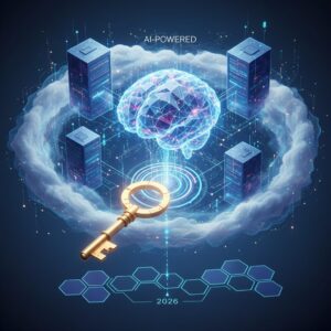 A futuristic data center, glowing server racks housing vast amounts of data, with ethereal AI neural networks intertwining, representing advanced cloud storage in 2026.
