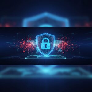 Digital shield formed by abstract data streams and glowing neural networks, symbolizing AI-powered cybersecurity protecting a secure network