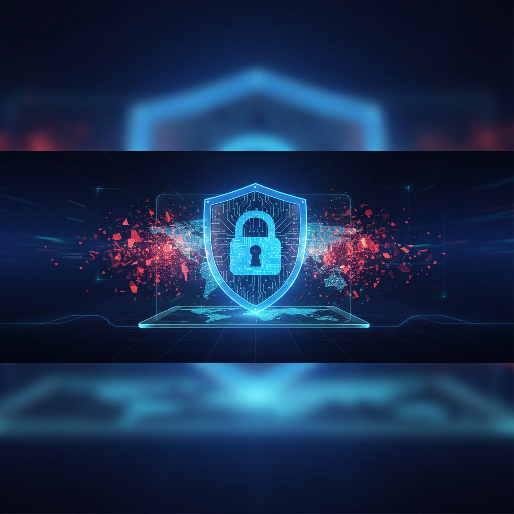 Digital shield formed by abstract data streams and glowing neural networks, symbolizing AI-powered cybersecurity protecting a secure network