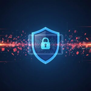 A futuristic digital network shield protecting a city skyline from cyber threats, with abstract AI elements and glowing data streams, symbolizing advanced security.