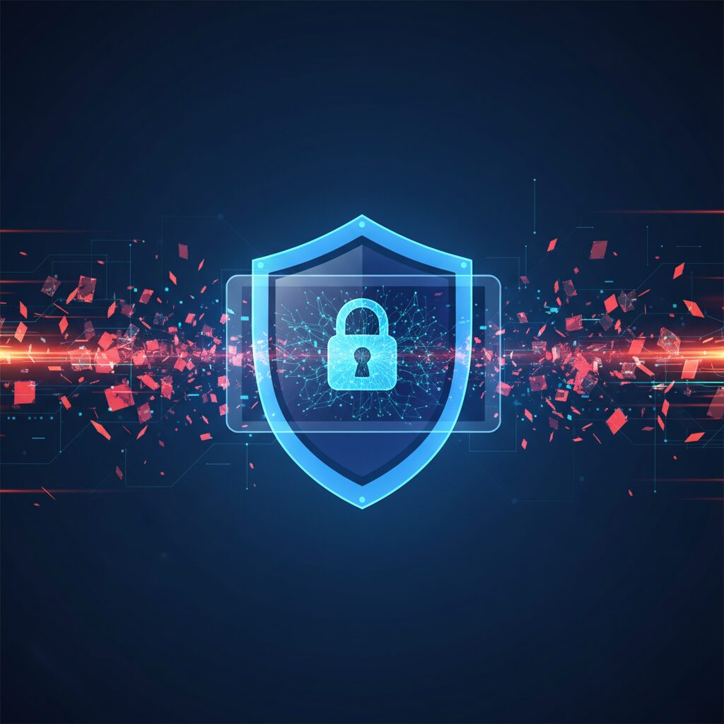 A futuristic digital network shield protecting a city skyline from cyber threats, with abstract AI elements and glowing data streams, symbolizing advanced security.