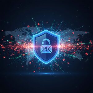 A futuristic digital shield protecting a complex network, glowing with AI elements and secure data streams, symbolizing advanced cybersecurity.