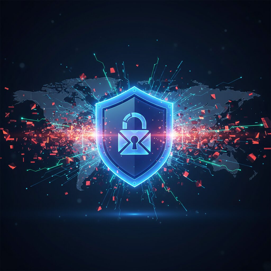 A futuristic digital shield protecting a complex network, glowing with AI elements and secure data streams, symbolizing advanced cybersecurity.