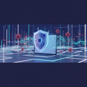 Digital network represented by glowing lines and nodes, with a stylized AI brain icon overlaid, suggesting intelligent protection against cyber threats. Abstract, futuristic, and secure.