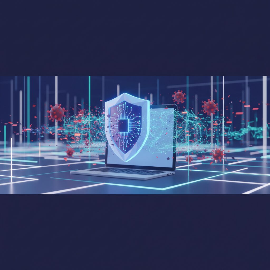 Digital network represented by glowing lines and nodes, with a stylized AI brain icon overlaid, suggesting intelligent protection against cyber threats. Abstract, futuristic, and secure.