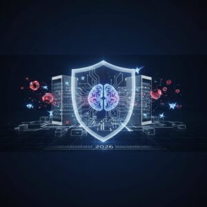 Futuristic server room, glowing holographic displays showing data visualizations and threat alerts. An analyst interacts with a touchscreen, advanced cybersecurity interfaces.